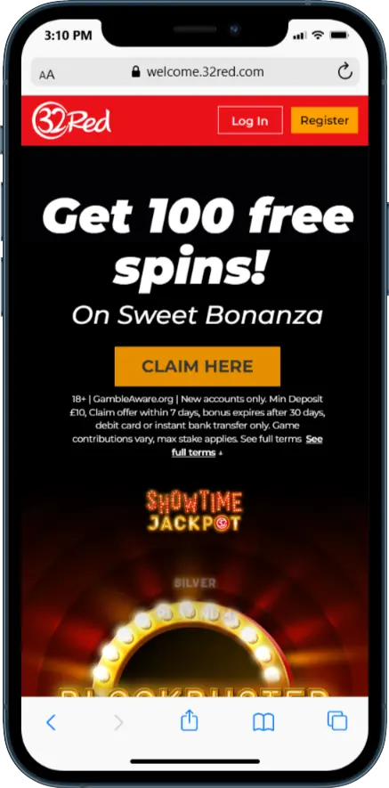 32 Red Casino Bonus Offer - Deposit £10 & Get 100 free spins on Sweet Bonanza