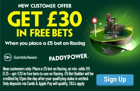 Paddy Power Horse Racing Offer - £30 in Free Bets When you place a £5 Bet