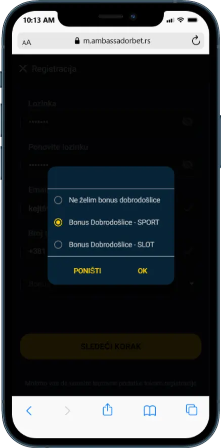Ambassadorbet biranje bonusa dobrodošlice Ambassadorbet izbor bonusa dobrodošlice prilikom registracije