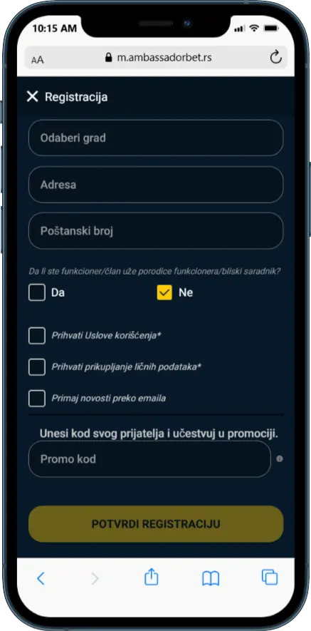 Ambassadorbet Promo kod Ambassadorbet Promo kod polje prilikom registracije
