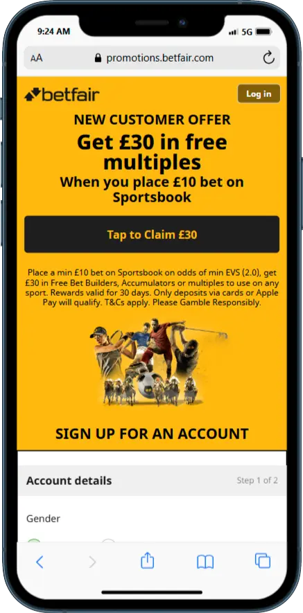 Betfair Welcome Offer - Get £30 in free multiples When you place £10 bet on Sportsbook