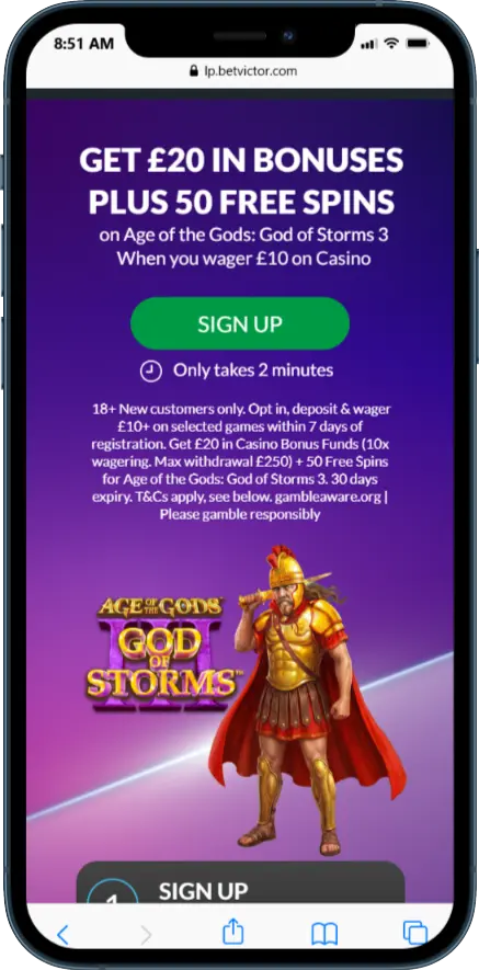 BetVictor Casino Welcome Offer - Get £20 in Casino bonus funds + 50 FS on Age of the Gods: God of Storms 3 When you wager £10 on Casino