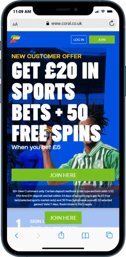 Coral New Welcome Offer - Get £20 in Sports Bets + 50 Free Spins - When you bet £5