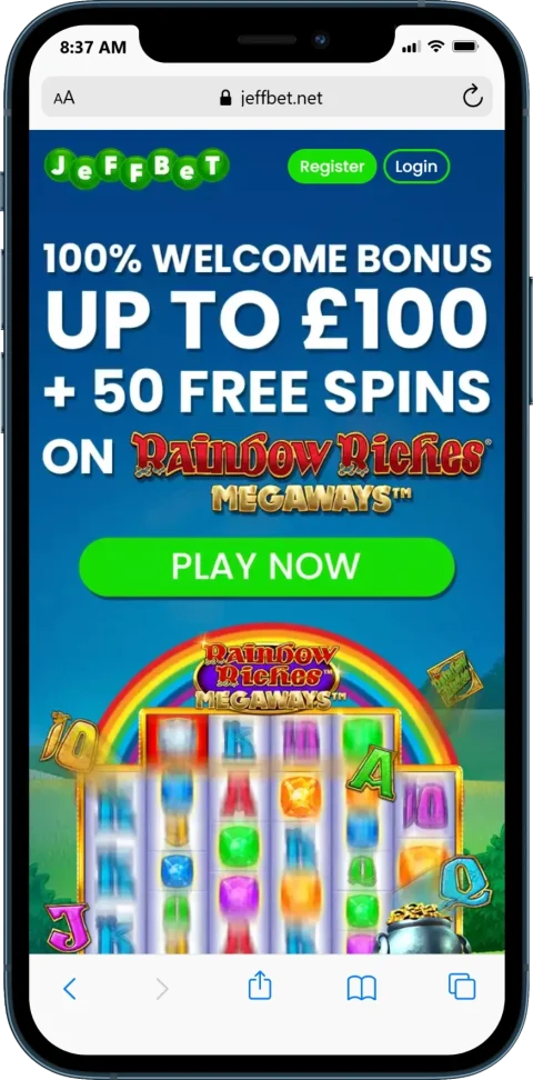 Jeffbet New Welcome Offer - % Welcome Bonus up to £100 + 50 Free Spins on Rainbow Riches Megaways