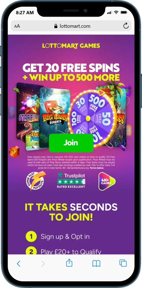 Lottomart Casino Welcome Offer - Get 20 Free Spins + Win up to 500 More
