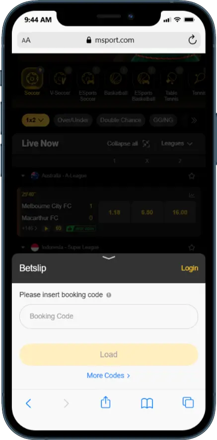 MSport Betslip Booking Code Field