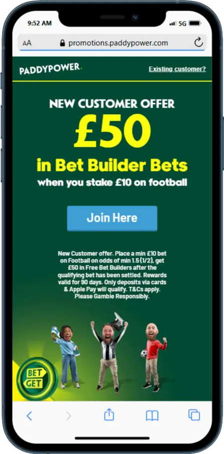 Paddy Power New Welcome Bonus - £50 in Bet Builder Bets when you stake £10 on football