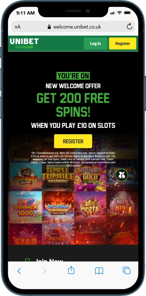 Unibet Casino Welcome Bonus - Deposit £10 & Get 200 free spins on Big Bass Bonanza